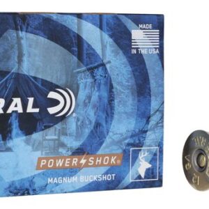 FEDERAL-POWER-SHOK-BUCKSHOT-12-GAUGE-00-BUCK-SHOT - Box of Federal 12 gauge Power-Shok Magnum Buckshot shotgun shells with two red shells displayed beside it.