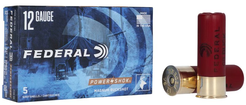 FEDERAL-POWER-SHOK-BUCKSHOT-12-GAUGE-00-BUCK-SHOT - Box of Federal 12 gauge Power-Shok Magnum Buckshot shotgun shells with two red shells displayed beside it.