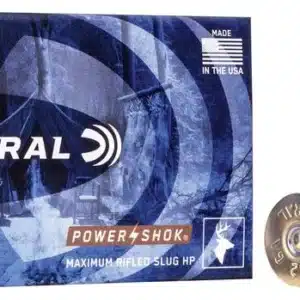FEDERAL POWER-SHOK RIFLED SLUG 12 GAUGE 438 GRAIN - Box of Federal 12 gauge Power-Shok Maximum Rifled Slug HP shotshells with two red shotgun shells displayed.