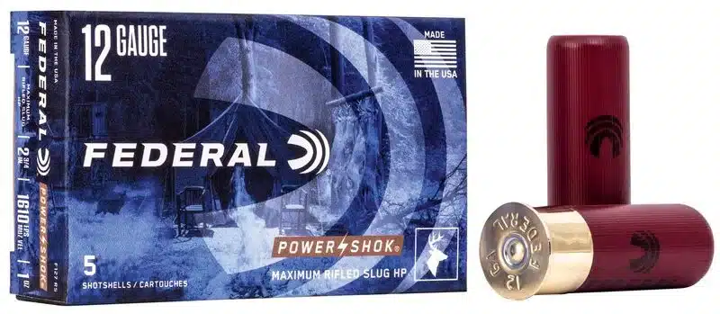 FEDERAL POWER-SHOK RIFLED SLUG 12 GAUGE 438 GRAIN - Box of Federal 12 gauge Power-Shok Maximum Rifled Slug HP shotshells with two red shotgun shells displayed.
