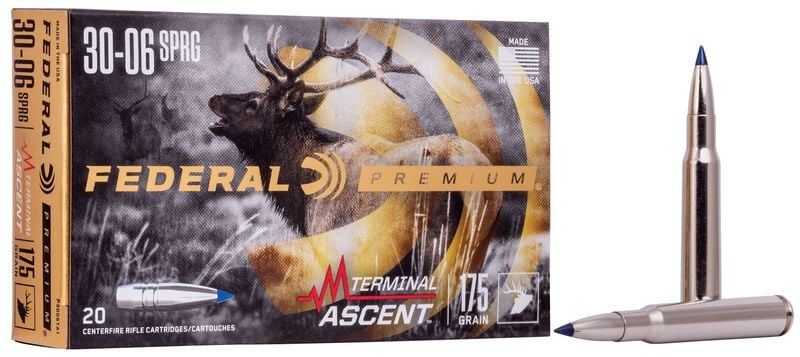 FEDERAL TERMINAL ASCENT 30-06 SPRINGFIELD 175 GRAIN - A box of Federal Premium 30-06 SPRG Terminal Ascent 175 grain rifle cartridges with two silver bullets displayed.