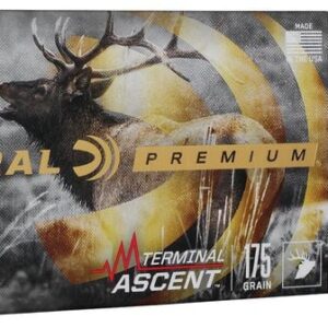 FEDERAL TERMINAL ASCENT 300 WIN MAG 175 GRAIN - Box of Federal Premium Terminal Ascent 300 Win Mag rifle cartridges with two silver bullets displayed beside it.