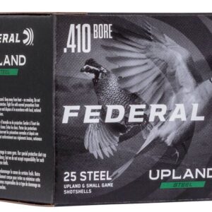 FEDERAL UPLAND STEEL 410 BORE 6 SHOT SIZE - Box of Federal Upland Steel .410 bore, 25 steel shotshells for upland and small game hunting, lead-free shot, assembled in USA.
