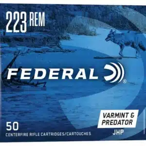 FEDERAL VARMINT & PREDATOR 223 REM 50 GRAIN - Box of Federal .223 Rem 50-grain JHP varmint and predator centerfire rifle cartridges, made in the USA with a wolf image.