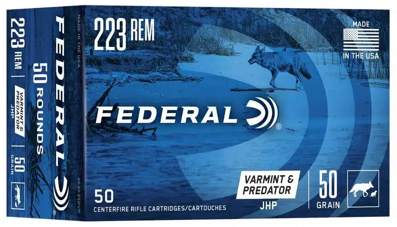 FEDERAL VARMINT & PREDATOR 223 REM 50 GRAIN - Box of Federal .223 Rem 50-grain JHP varmint and predator centerfire rifle cartridges, made in the USA with a wolf image.