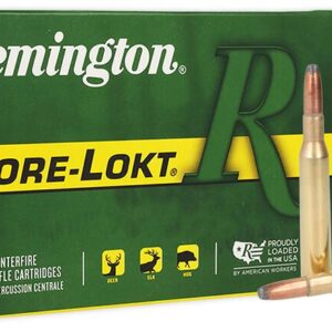 REMINGTON CORE-LOKT 270 WIN 150 GRAIN - Box of Remington Core-Lokt centerfire rifle cartridges with two bullets displayed in front.