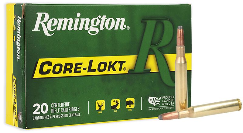 REMINGTON CORE-LOKT 270 WIN 150 GRAIN - Box of Remington Core-Lokt centerfire rifle cartridges with two bullets displayed in front.