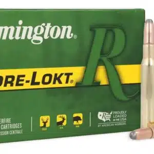 REMINGTON CORE-LOKT 30-06 SPRINGFIELD 220 GRAIN - Box of Remington Core-Lokt .30-06 rifle cartridges with two bullets displayed beside it on a white background.