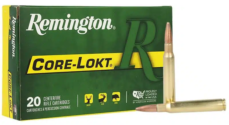 REMINGTON CORE-LOKT 7X64MM BRENNEKE 140 GRAIN - Box of Remington Core-Lokt centerfire rifle cartridges with two bullets displayed, suitable for deer, elk, and hog hunting.