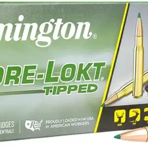 REMINGTON CORE-LOKT TIPPED 308 WIN 165 GRAIN - Box of Remington Core-Lokt Tipped 20 centerfire rifle cartridges with two rounds displayed in front.