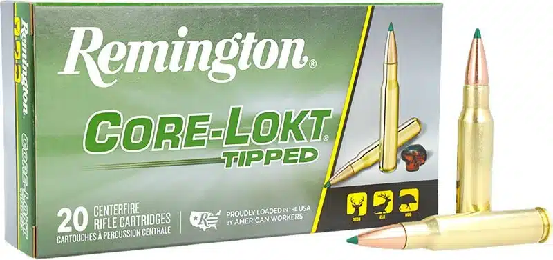 REMINGTON CORE-LOKT TIPPED 308 WIN 165 GRAIN - Box of Remington Core-Lokt Tipped 20 centerfire rifle cartridges with two rounds displayed in front.