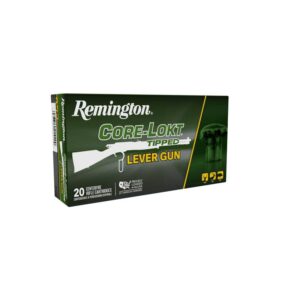 REMINGTON CORE-LOKT TIPPED LEVER GUN 45-70 GOVT. 300 GRAIN - Box of Remington Core-Lokt Tipped Lever Gun ammunition, 20 centerfire rifle cartridges, green and yellow packaging.