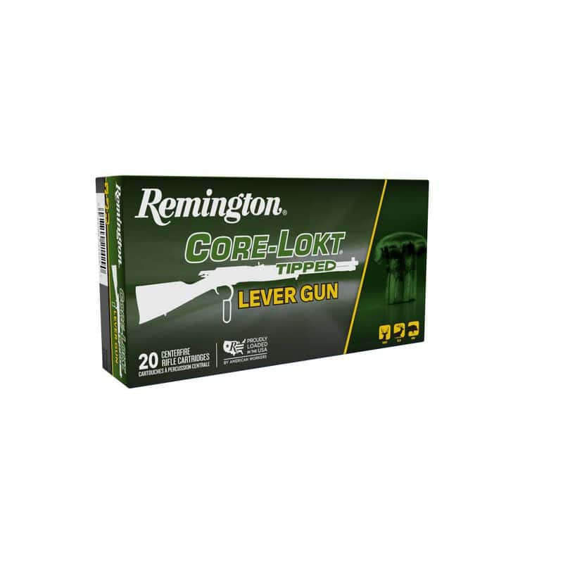 REMINGTON CORE-LOKT TIPPED LEVER GUN 45-70 GOVT. 300 GRAIN - Box of Remington Core-Lokt Tipped Lever Gun ammunition, 20 centerfire rifle cartridges, green and yellow packaging.