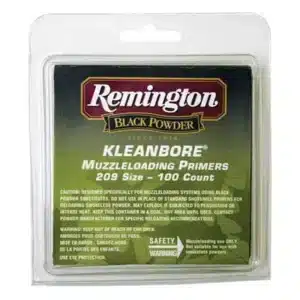 REMINGTON MUZZLELOADING PRIMER - Remington Black Powder Kleanbore muzzleloading primers, 209 size, 100 count in clear plastic packaging with safety warnings.