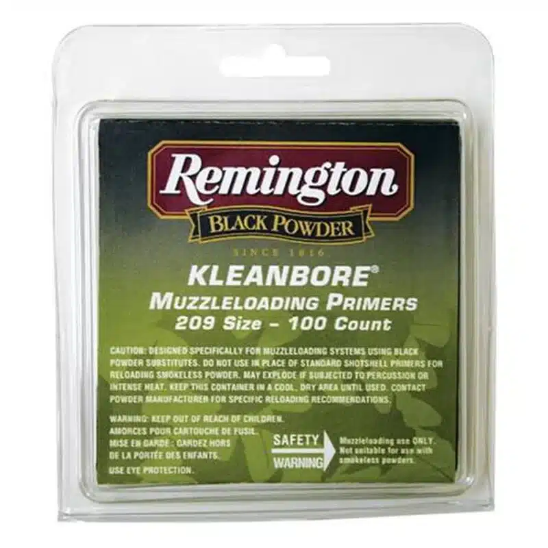 REMINGTON MUZZLELOADING PRIMER - Remington Black Powder Kleanbore muzzleloading primers, 209 size, 100 count in clear plastic packaging with safety warnings.