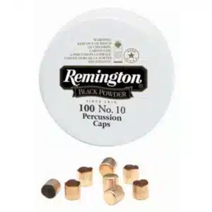 REMINGTON PERCUSSION CAP #10 - Remington Black Powder No. 10 percussion caps, container and several small copper percussion caps displayed below.