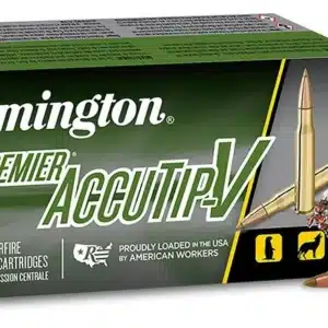 REMINGTON PREMIER ACCUTIP-V 17 REM 20 GRAIN - Box of Remington Premier Accutip V centerfire rifle cartridges with three brass cartridges displayed in front.