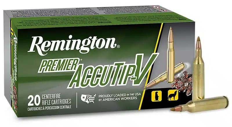 REMINGTON PREMIER ACCUTIP-V 17 REM 20 GRAIN - Box of Remington Premier Accutip V centerfire rifle cartridges with three brass cartridges displayed in front.