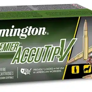 REMINGTON PREMIER ACCUTIP-V 22-250 REM 50 GRAIN - Box of Remington Premier AccuTip V rifle cartridges with three brass bullets displayed next to it, designed for hunting and shooting sports.
