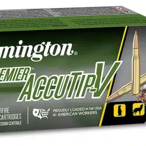 REMINGTON PREMIER ACCUTIP-V 22 HORNET 35 GRAIN - Box of Remington Premier AccuTip V centerfire rifle cartridges with three bullets displayed beside it.