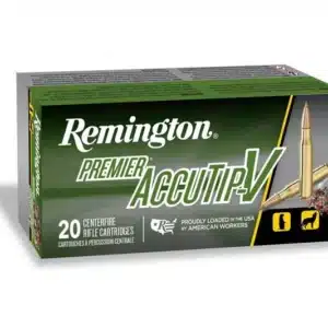 REMINGTON PREMIER ACCUTIP-V 223 REM 50 GRAIN - Box of Remington Premier AccuTip-V 20 centerfire rifle cartridges, displaying bullets and animal hunting icons.