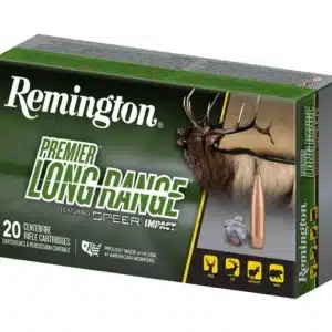 REMINGTON PREMIER LONG RANGE 7MM PRC 175 GRAIN - Box of Remington Premier Long Range centerfire rifle cartridges, showing bullet and elk image, suitable for deer, elk, antelope, and bear.