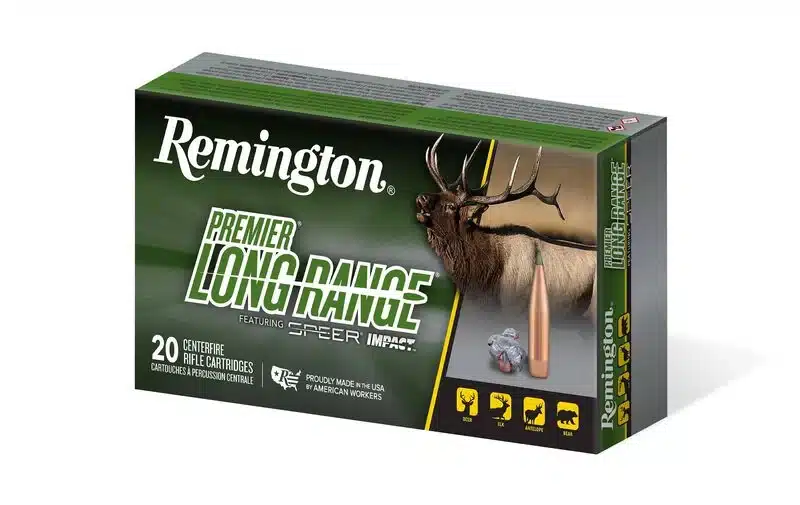 REMINGTON PREMIER LONG RANGE 7MM PRC 175 GRAIN - Box of Remington Premier Long Range centerfire rifle cartridges, showing bullet and elk image, suitable for deer, elk, antelope, and bear.