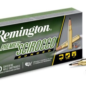 REMINGTON PREMIER SCIROCCO 7MM REM ULTRA MAG 150 GRAIN - Box of Remington Premier Scirocco bonded centerfire rifle cartridges with three bullets displayed, suitable for hog, antelope, and deer hunting.