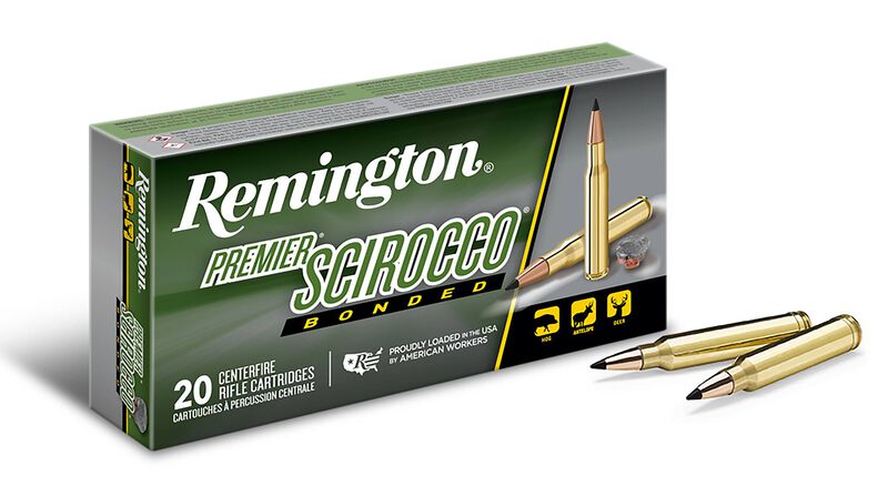 REMINGTON PREMIER SCIROCCO 7MM REM ULTRA MAG 150 GRAIN - Box of Remington Premier Scirocco bonded centerfire rifle cartridges with three bullets displayed, suitable for hog, antelope, and deer hunting.
