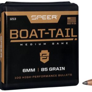 SPEER BOAT-TAIL RIFLE BULLET .243 CAL 85 GRAIN - Box of Speer Boat-Tail 6mm 85 grain medium game bullets with two copper-jacketed bullets displayed beside it.