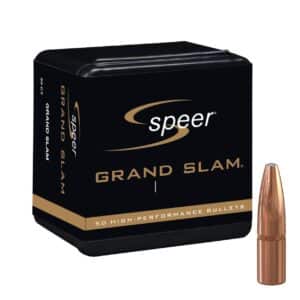 SPEER GRAND SLAM RIFLE BULLET .243 CAL 100 GRAIN - Speer Grand Slam box containing 50 high-performance bullets with one copper-colored bullet displayed beside the black and gold packaging.