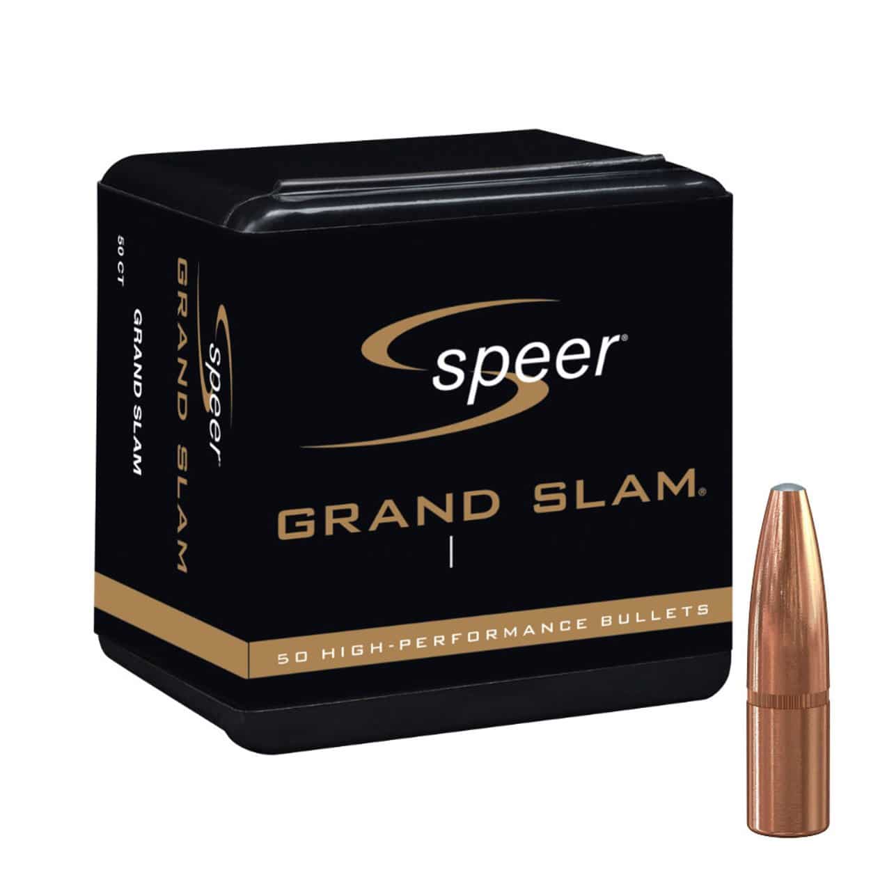 SPEER GRAND SLAM RIFLE BULLET .243 CAL 100 GRAIN - Speer Grand Slam box containing 50 high-performance bullets with one copper-colored bullet displayed beside the black and gold packaging.