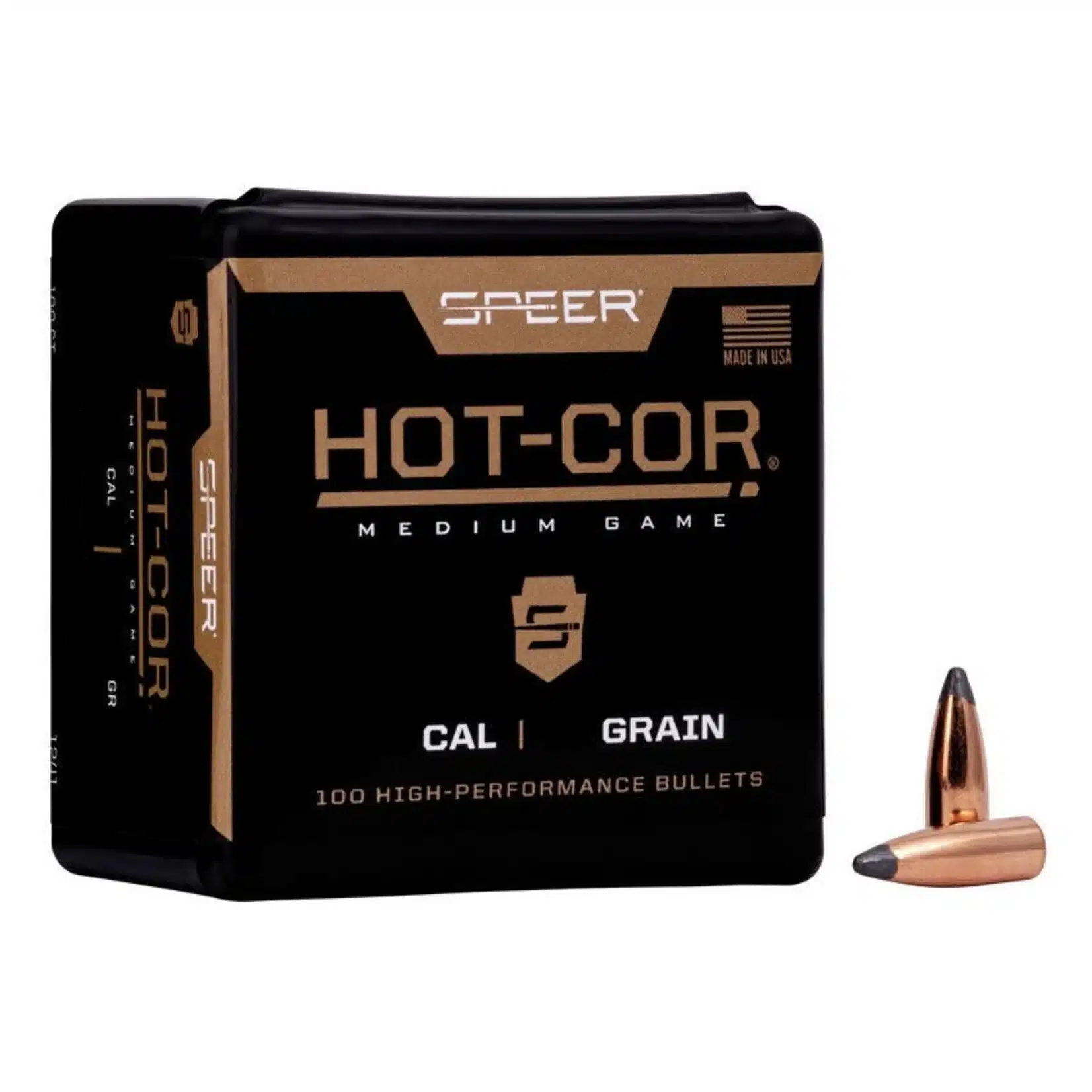 SPEER HOT-COR RIFLE BULLET .243 CAL 90 GRAIN - Box of Speer Hot-Cor Medium Game high-performance bullets with two copper bullets shown beside it, labeled "Cal | Grain."
