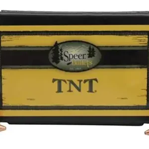SPEER TNT GREEN BULLET .224 CAL 30 GRAIN - Box of Speer Bullets TNT with four copper bullet projectiles displayed around it on a white background.
