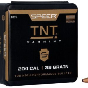 SPEER TNT VARMINT BULLET .204 CAL 39 GRAIN - Black Speer TNT Varmint ammunition box labeled 204 caliber, 39-grain, 100 high-performance bullets with two copper-colored bullets beside it.