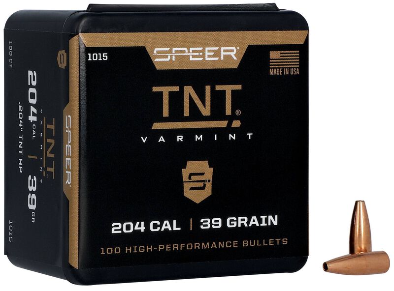 SPEER TNT VARMINT BULLET .204 CAL 39 GRAIN - Black Speer TNT Varmint ammunition box labeled 204 caliber, 39-grain, 100 high-performance bullets with two copper-colored bullets beside it.