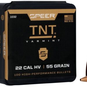 SPEER TNT VARMINT BULLET .224 CAL 55 GRAIN - Box of Speer TNT Varmint 22 caliber HV, 55 grain high-performance bullets with two copper-colored bullets displayed.