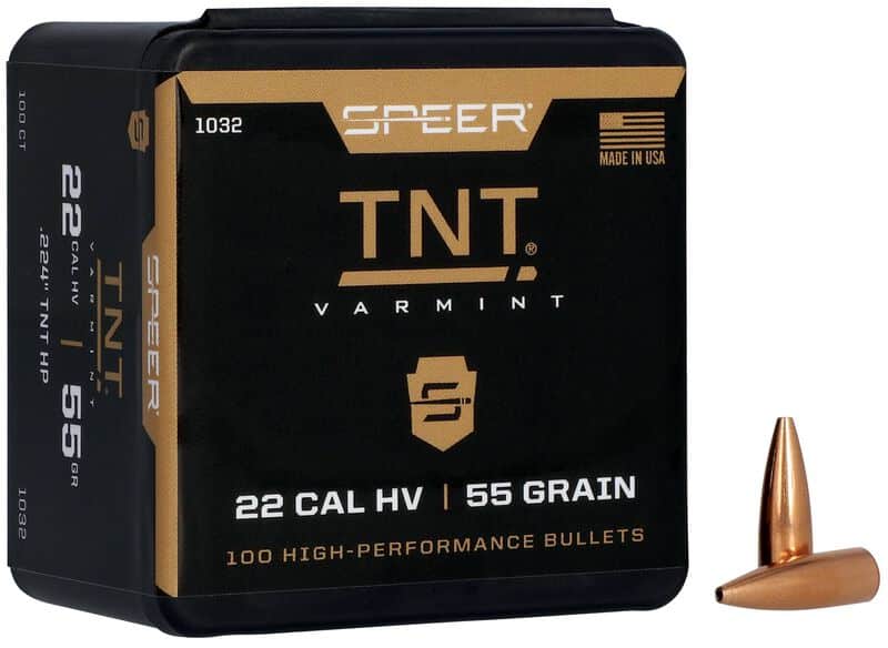 SPEER TNT VARMINT BULLET .224 CAL 55 GRAIN - Box of Speer TNT Varmint 22 caliber HV, 55 grain high-performance bullets with two copper-colored bullets displayed.