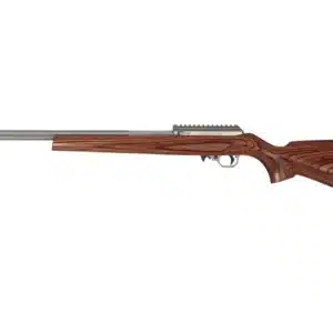 VOLQUARTSEN DELUXE 22 WMR BROWN LAMINATED SPORTER - Right-side view of a rimfire semi-automatic rifle with a brown laminated stock and stainless steel barrel and receiver against a white background.