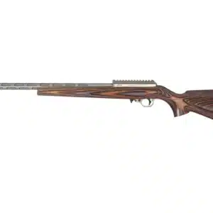VOLQUARTSEN IF-5 22 WMR BROWNGRAY SPORTER - Side view of a precision rifle with a laminated wood stock and a stainless steel barrel with ventilation slots.