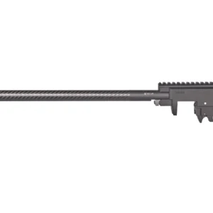VOLQUARTSEN SUMMIT RIFLE 22 LR BARRELED ACTION - Side view of a modern rifle barrel and trigger assembly with carbon fiber barrel and rail mount on top.