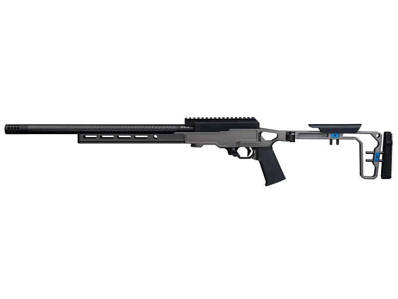 VOLQUARTSEN SUMMIT SUPERLITE 22 LR WITH LA CHASSIS & RR - Side view of a modern bolt-action sniper rifle with a carbon fiber barrel and adjustable stock.
