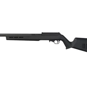 VOLQUARTSEN VM-22 WITH BLACK MAGPUL - Side view of a sleek black precision semi-automatic rimfire rifle with a long barrel and adjustable stock on a white background.