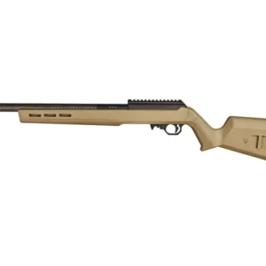 VOLQUARTSEN VM-22 WITH FDE MAGPUL - Side view of a tan and black rimfire semi-automatic rifle with a carbon fiber barrel and picatinny rail.