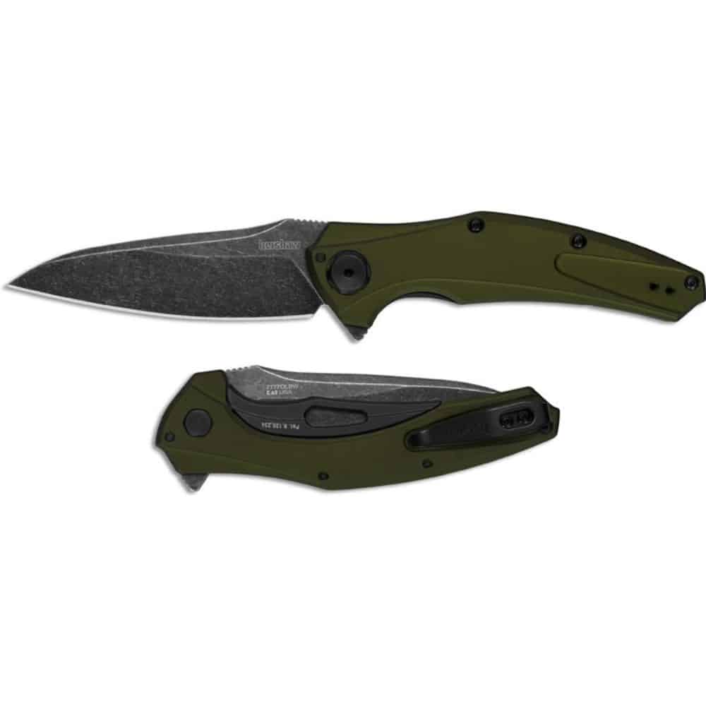 Kershaw Bareknuckle Knife - BlackWash Drop Point - Olive Aluminum - KVT Flipper Folder